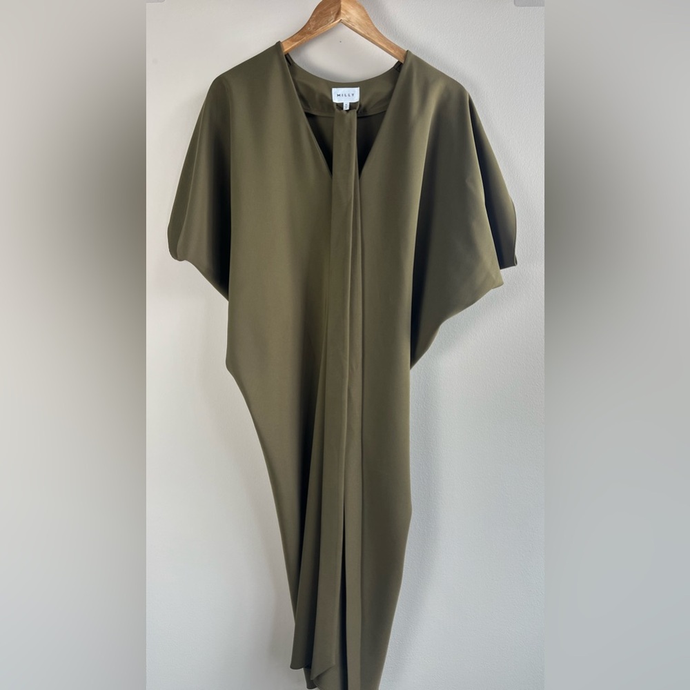 Milly Olive Green Batwing Cocoon Tie Waist Kimono Cocktail Dress Size Medium - Picture 3 of 11